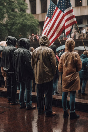 American people stand with their backs looking usa flag on the street with rain, Memorial Day, Independence day, AI Generative.の素材