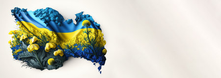 Banner Yellow and blue flag of Ukraine with flowers on white background, patriotic, ukrainian flag, independence day, ai generativeの素材
