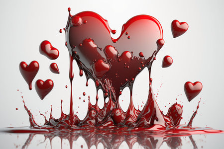 Hearts with red liquid splash on white background, romantic love for Valentine's day, birthday, holiday, party, wedding, AI Generative.の素材