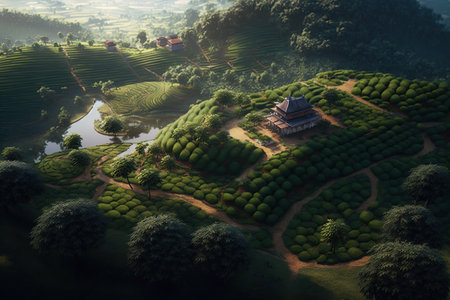 The tea plantations in morning light, green tea bud and fresh leaves, beauty landscape,  AI Generativeの素材