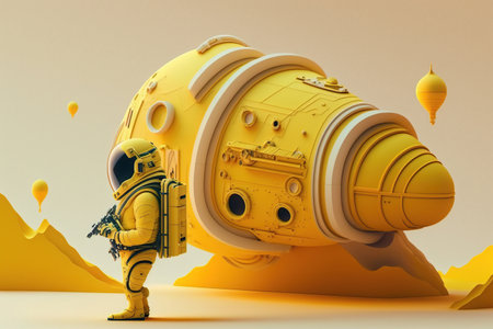 Yellow Isometric composition with astronaut spacesuits a spaceship, planet, icon, Space exploration, AI Generativeの素材