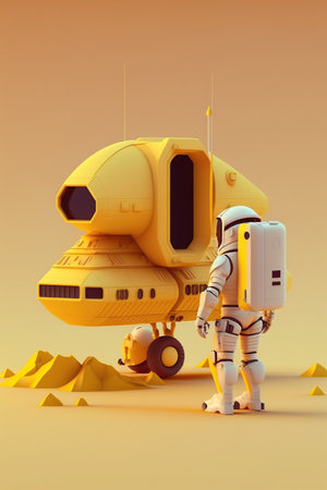 Yellow Isometric composition with astronaut spacesuits a spaceship, planet, icon, Space exploration, AI Generativeの素材