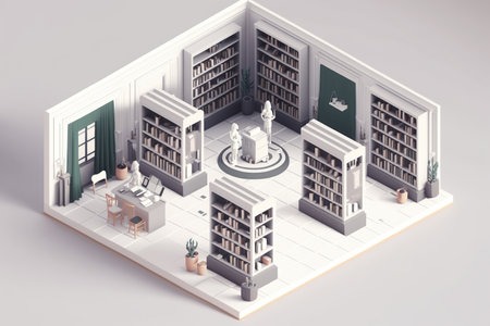 Isometric modern bookstore on white background, books in public library, education concept, AI Generative.の素材