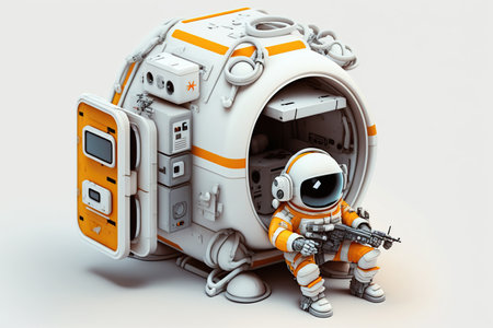 Isometric composition with astronaut in orange spacesuits a spaceship on white background, planet, icon, Space exploration, AI Generativeの素材