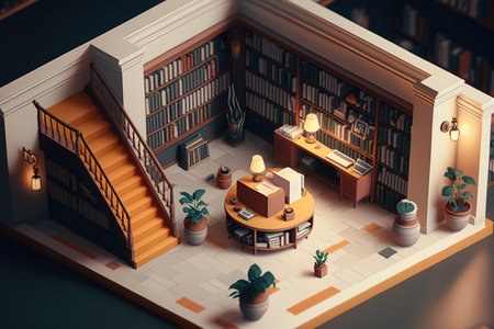 Isometric  atmospheric retro bookstore on black background, books in public library, education concept, AI Generative.の素材