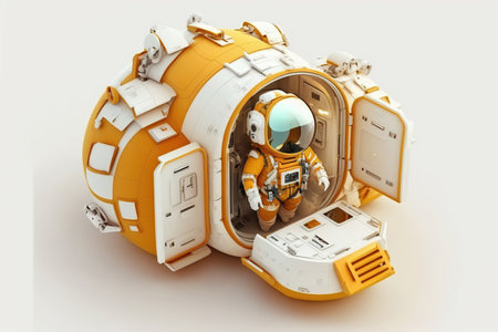 Isometric composition with astronaut in orange spacesuits a spaceship on white background, planet, icon, Space exploration, AI Generativeの素材