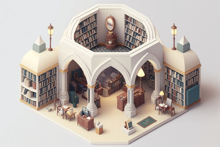 Isometric modern bookstore on white background, books in public library, education concept, AI Generative.の素材