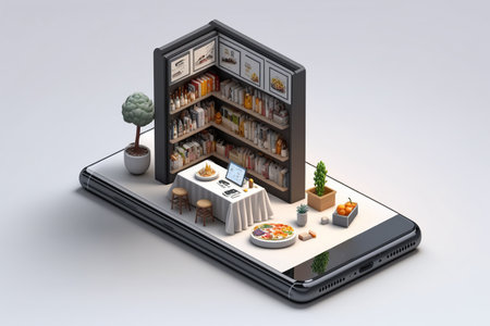 Isometric modern white online bookstore or library concept, e-books app for reading on smartphone, bookshop in phone online, E-Learning and education concept. AI Generative.の素材