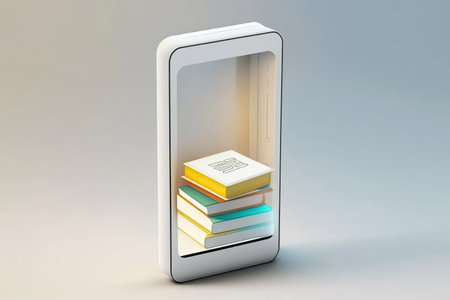 Isometric modern white online bookstore or library concept, e-books app for reading on smartphone, bookshop in phone online, E-Learning and education concept. AI Generative.の素材
