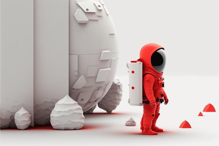 Isometric composition with red astronaut in spacesuits a spaceship on white background, planet, icon, Space exploration, AI Generativeの素材