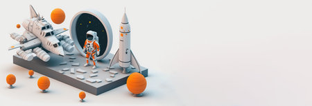 Banner Isometric composition with astronaut in orange spacesuits a spaceship on white background, planet, icon, Space exploration, AI Generativeの素材