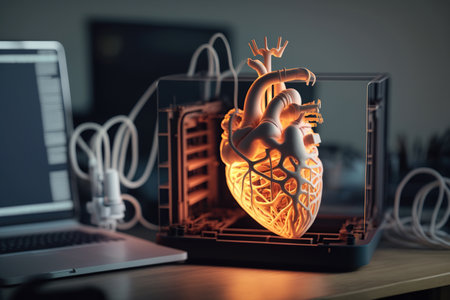 Creating artificial heart , medical 3D printing of heart model transplantation organ biological engineering, engineering bioprinting. AI Generative.の素材