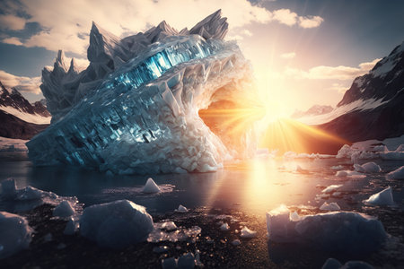 Melted glacier puddle with icicles, reflecting the fragile state of the Arctic due to climate change, North Pole, Global warming. AI Generative.の素材