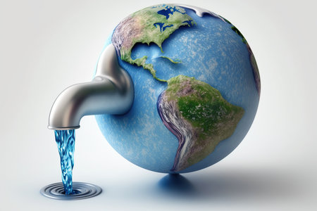 World Water Day Concept. Tap with flowing water from planet Earth on white baclground, Every Drop Matters, Saving water, World environmental protection concept AI Generative.の素材