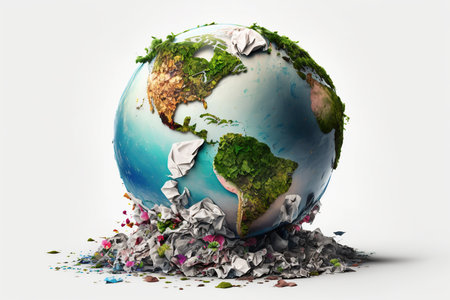 Planet Earth splashing garbage on white background, Polluted  concept of ecology and the World Cleanup Day,  Space debris, AI Generative.の素材