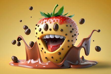 Cartoon smiling strawberry with splash liquid chocolate on yellow background, dessert decoration, berry selection characters AI Generativeの素材