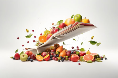 Levitation of open recipe book with fresh vegetables and fruits on white background, Cooking book ingredients, vegetarian diet flying food, AI Generative.の素材