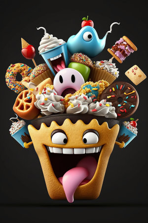 Levitation cartoon smiling, crazy unhealthy and junk food splash, Assortment take out and fast foods selection characters on black background, AI Generative.の素材