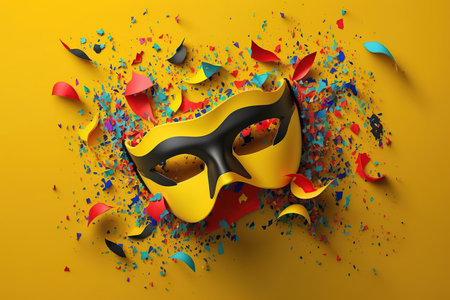 Masquerade golden carnival mask with confetti splash, levitation on yellow background, Mardi Gras celebration concept. AI Generativeの素材