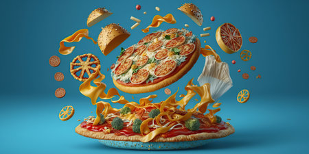 Levitation unhealthy and junk food splash, Assortment of take out and fast foods on blue background, carbohydrates food, high-fat, high-calorie, guilty pleasure, AI Generative.の素材