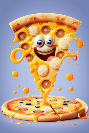 Levitation cartoon smiling, crazy pizza piece food splash, take out and fast food characters, carbohydrates food, high-fat, high-calorie, guilty pleasure, AI Generative.の素材