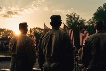 Military soldier stands near graves of American heroes sunlight, Memorial Day, Independence day, US National flag, AI Generative.の素材