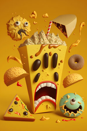 Levitation cartoon smiling, crazy unhealthy and junk food splash, Assortment take out and fast foods selection characters on yellow background, AI Generative.の素材