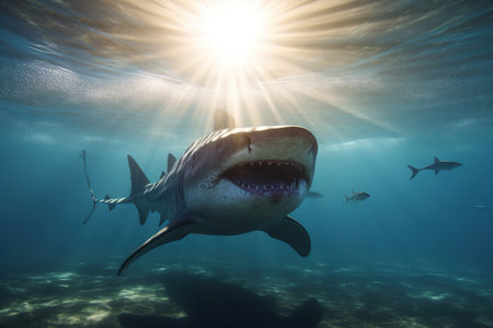 Close-up white tiger shark underwater in the ocean sunlight,  AI Generative.の素材