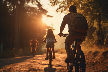 Family riding on bicycles through the forest during sunset, woodland, summer activity outdoors together, AI Generative.の素材