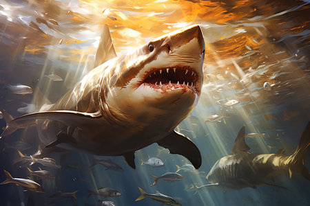 Close-up white tiger shark underwater in the ocean sunlight,  AI Generative.の素材