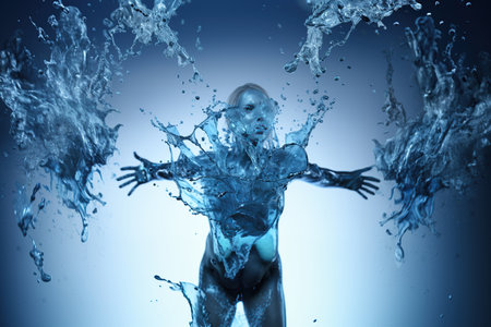 Silhouette human body filled with blue water, healthy lifestyle or wellness concept, Water balance, AI Generative.の素材