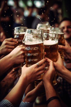 A group of people friends hold beer glasses while sharing a mug at bar or pub, oktoberfest, cheers, AI Generative.の素材