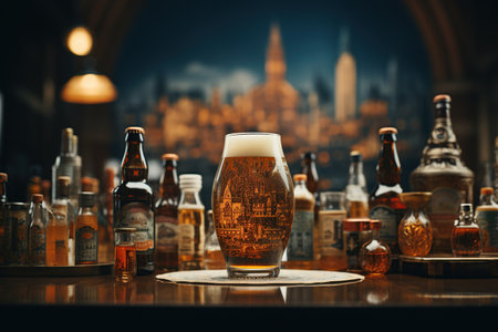 Oktoberfest assortment beer glasses, bottle on wooden table in pub, AI Generative.の素材
