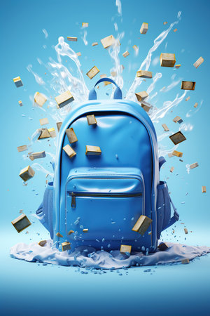 Blue backpack with levitation, flying school supplies, books, back to school and education concept, AI generative.の素材