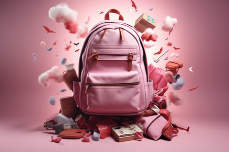 Open pink backpack with levitation, flying school supplies, books, back to school and education concept, AI generative.の素材