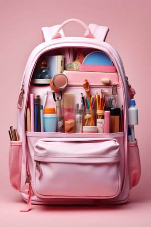 Open pink backpack with school supplies, books, back to school and education concept, AI generative.の素材