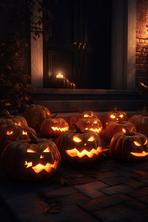 Halloween Jack-o-Lantern pumpkins with light outdoor at night, house decoration on halloween, AI Generative.の素材