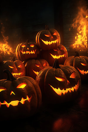 Halloween Jack-o-Lantern pumpkins with light outdoor at night, house decoration on halloween, AI Generative.の素材
