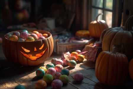 Halloween Jack-o-Lantern pumpkins with light outdoor at night, house decoration on halloween, AI Generative.の素材