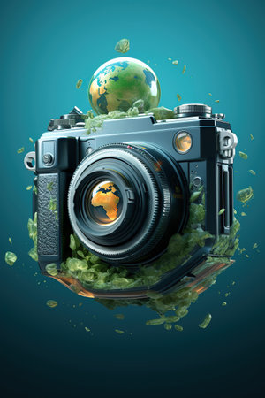 Photo vintage camera with globe, planet earth background, World photography day, save best moments, global travel  photographic, AI Generativeの素材