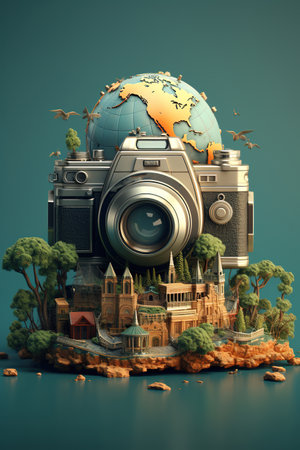 Photo vintage camera with globe, planet earth background, World photography day, save best moments, global travel  photographic, AI Generativeの素材