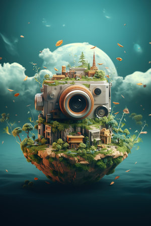 Photo vintage camera with globe, planet earth background, World photography day, save best moments, global travel  photographic, AI Generativeの素材