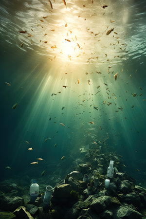 Plastic waste in sea water, pollution, Garbage problem plastic bottles and microplastics floating in the open ocean, AI Generative.の素材