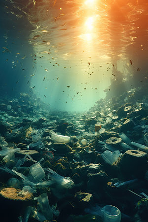 Plastic waste in sea water, pollution, Garbage problem plastic bottles and microplastics floating in the open ocean, AI Generative.の素材