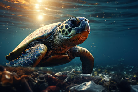 Turtle swimming among trash underwater, plastic waste in sea water, pollution, Garbage problem plastic bottles and microplastics floating in the open ocean, AI Generative.の素材