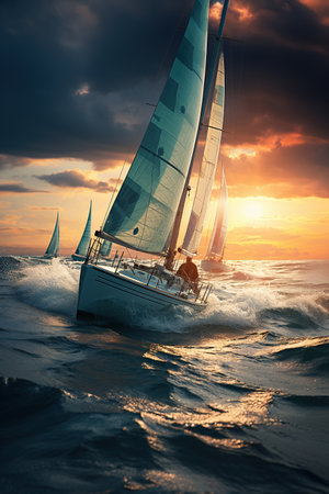 Beautiful sailboat sailing om sunset, Racing sail boat, ships race  in the ocean waves, Travel and tourism at sea, AI Generative.の素材