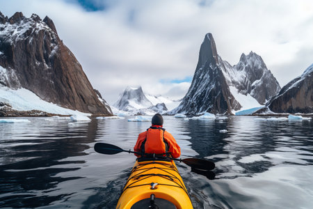 Extreme adventure winter kayaking in antarctica,  kayaking tourism in north,  kayak between icebergs, AI Generativeの素材