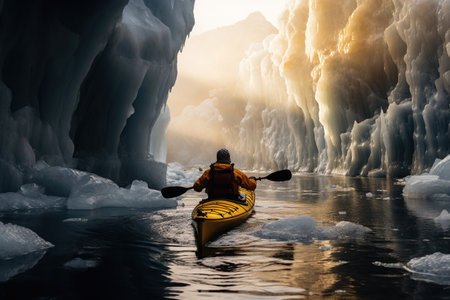 Extreme adventure winter kayaking in antarctica,  kayaking tourism in north,  kayak between icebergs, AI Generativeの素材
