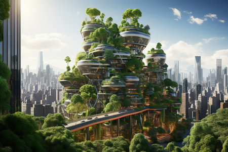 Splendid  eco-futuristic cityscape, futuristic urban forest estates city, concept full with greenery,  environmental awareness city with vertical forest, Green garden in modern city, AI Generative.の素材