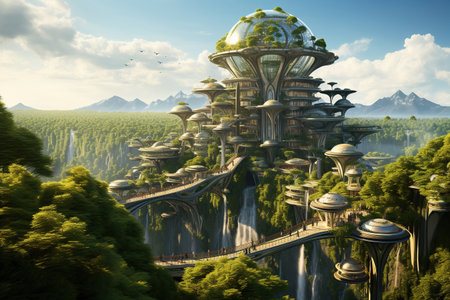Splendid  eco-futuristic cityscape, futuristic urban forest estates city, concept full with greenery,  environmental awareness city with vertical forest, Green garden in modern city, AI Generative.の素材